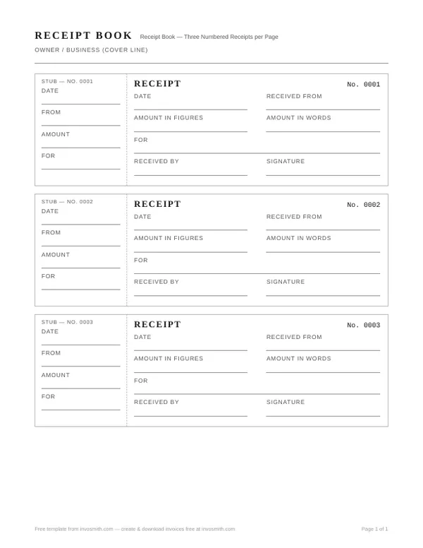 Printable receipt book template with three slips and retained stubs