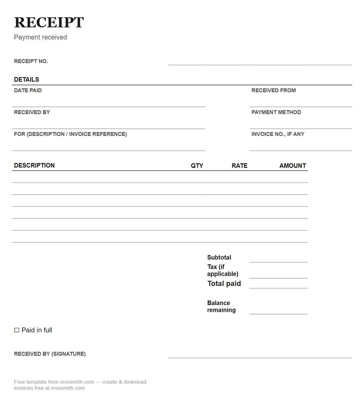 Blank template: Free Excel Receipt Template (.xlsx)