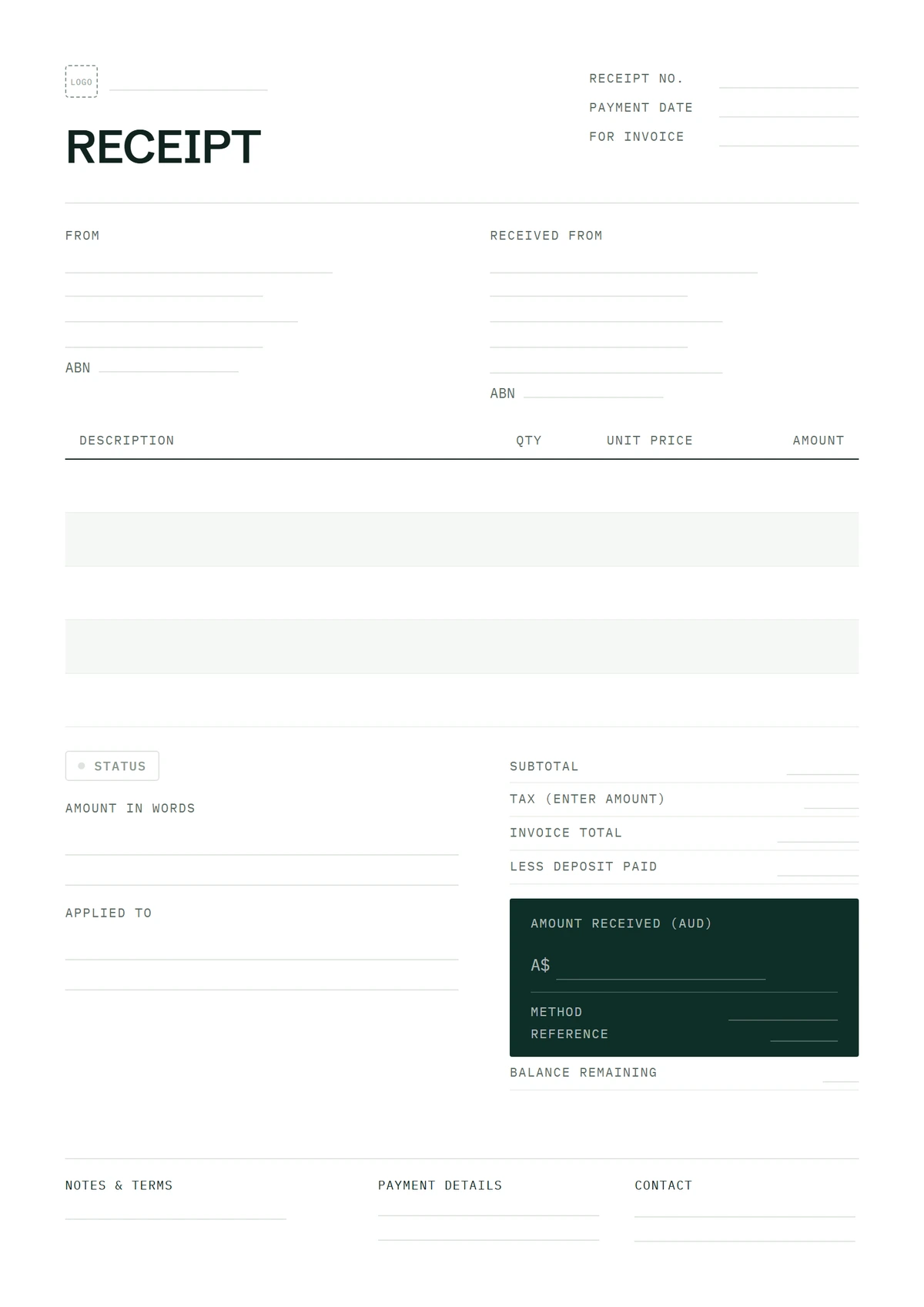 Blank template: Free Word Receipt Template (.docx)
