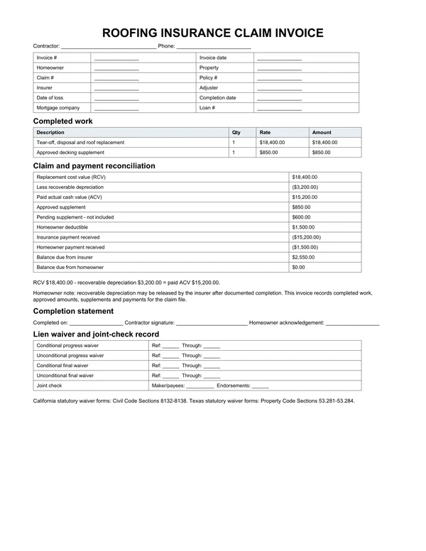 Insurance claim roofing invoice template with itemized charges and totals
