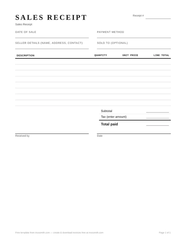 Blank template: Free Sales Receipt Template (PDF, Word & Excel)