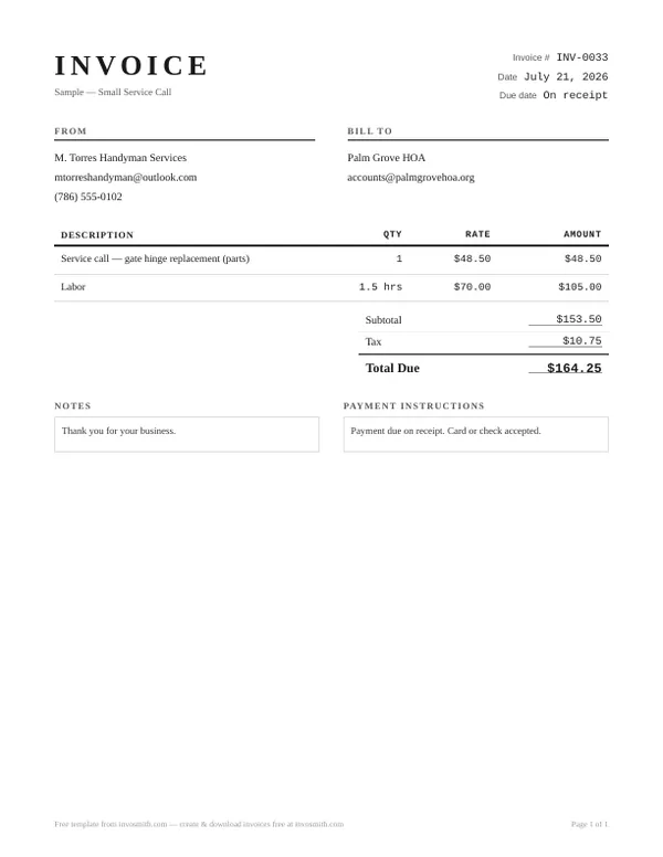 Sample contractor invoice for a small service call