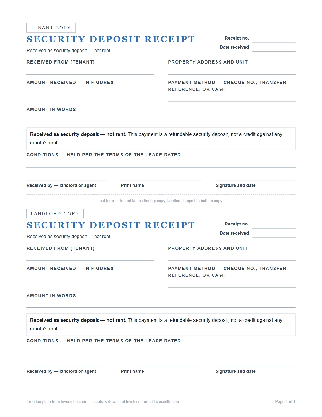 Two-copy security deposit receipt template with a cut line