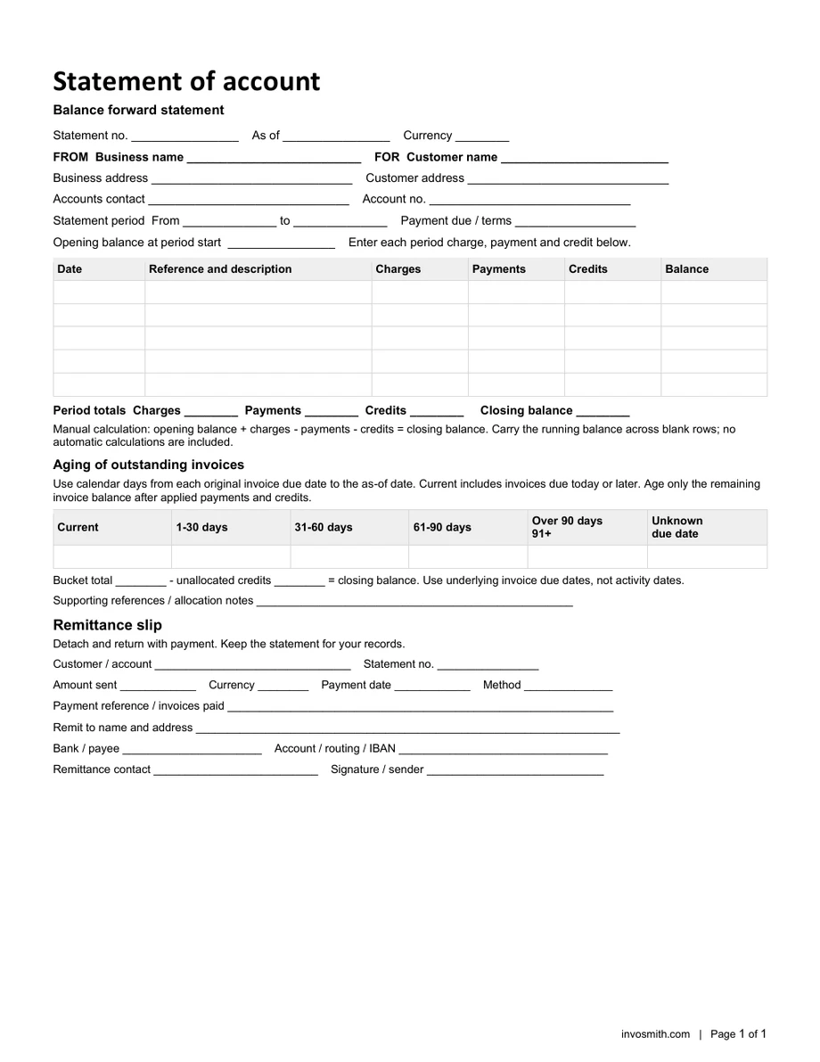 Statement of account template with a detachable remittance section