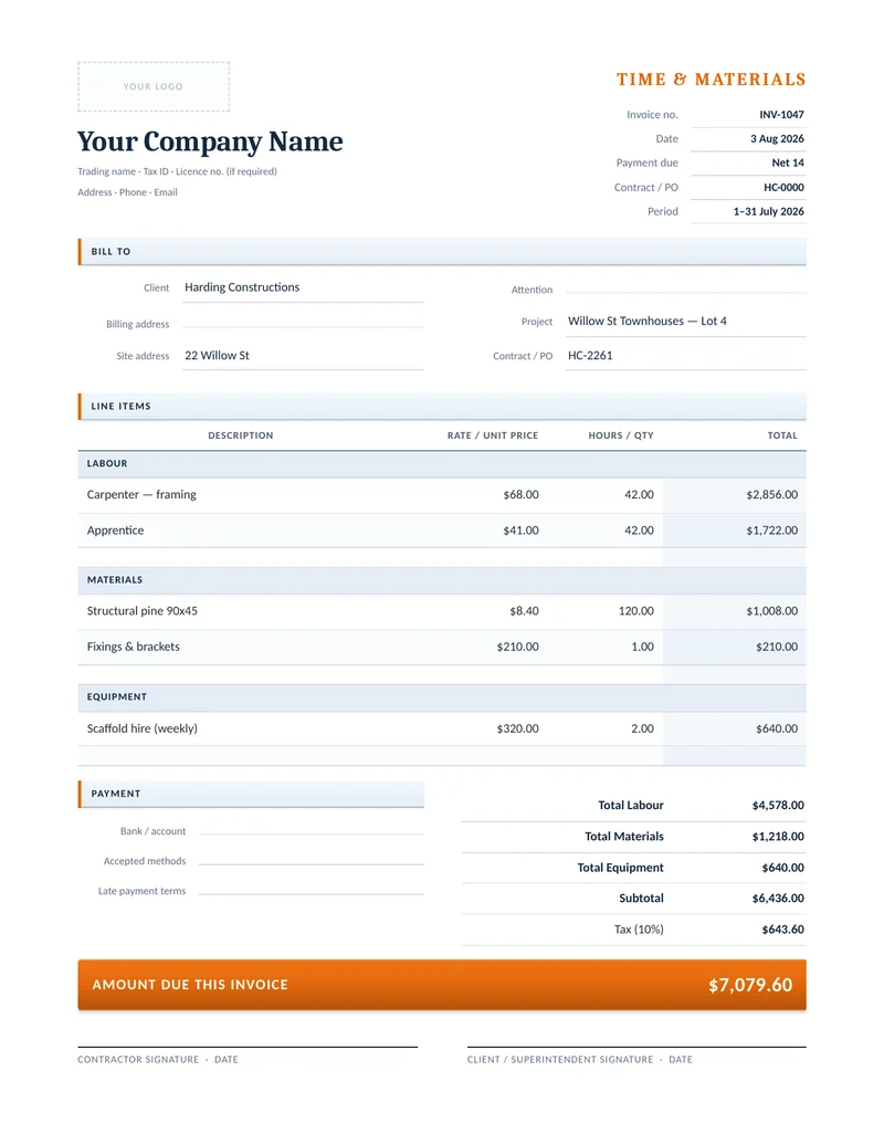 Time & Materials Invoice preview