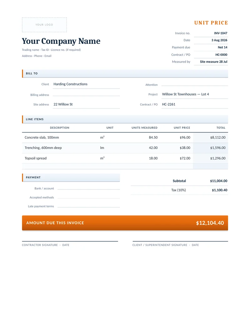 Unit Price Invoice preview