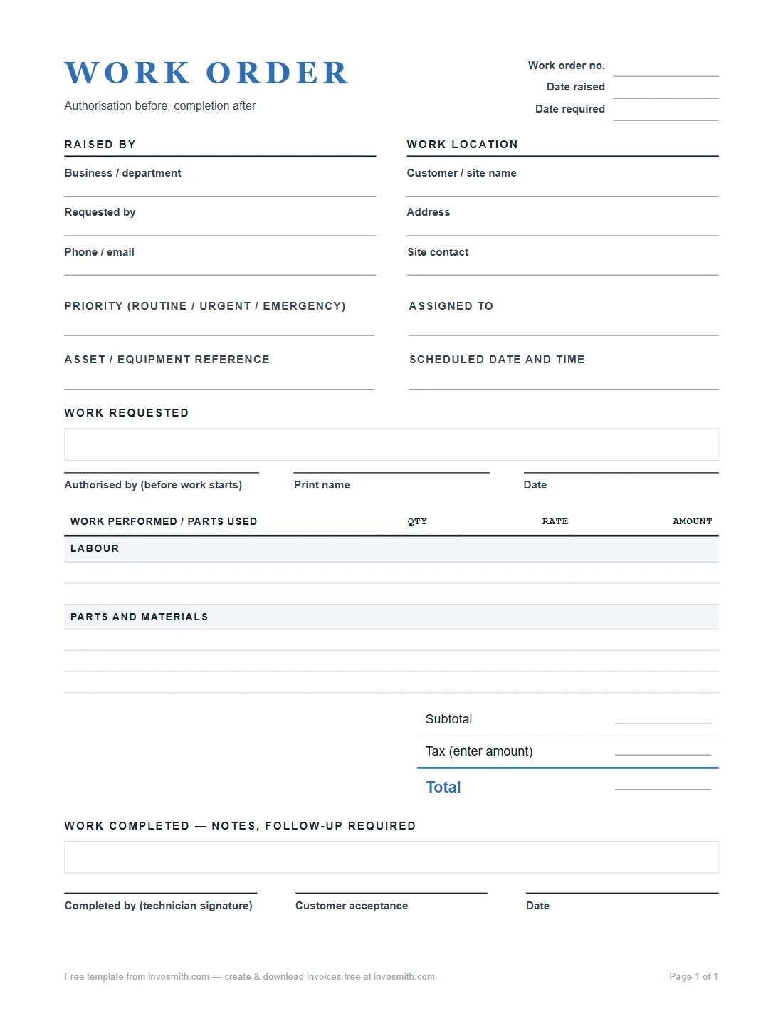 Work order template with authorization, labor, and completion fields